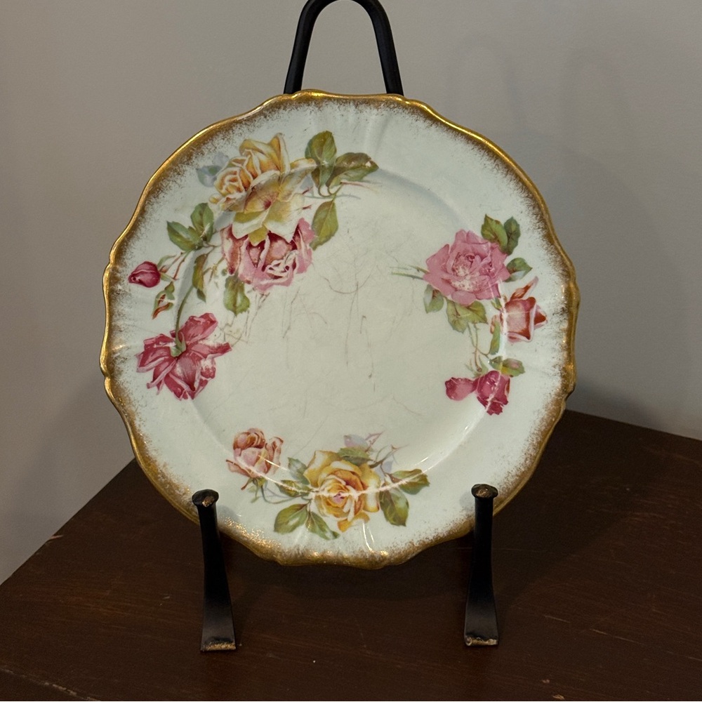 Antique Floral Porcelain Decorative Plate – Gold Trim – Shabby Chic Cottagecore